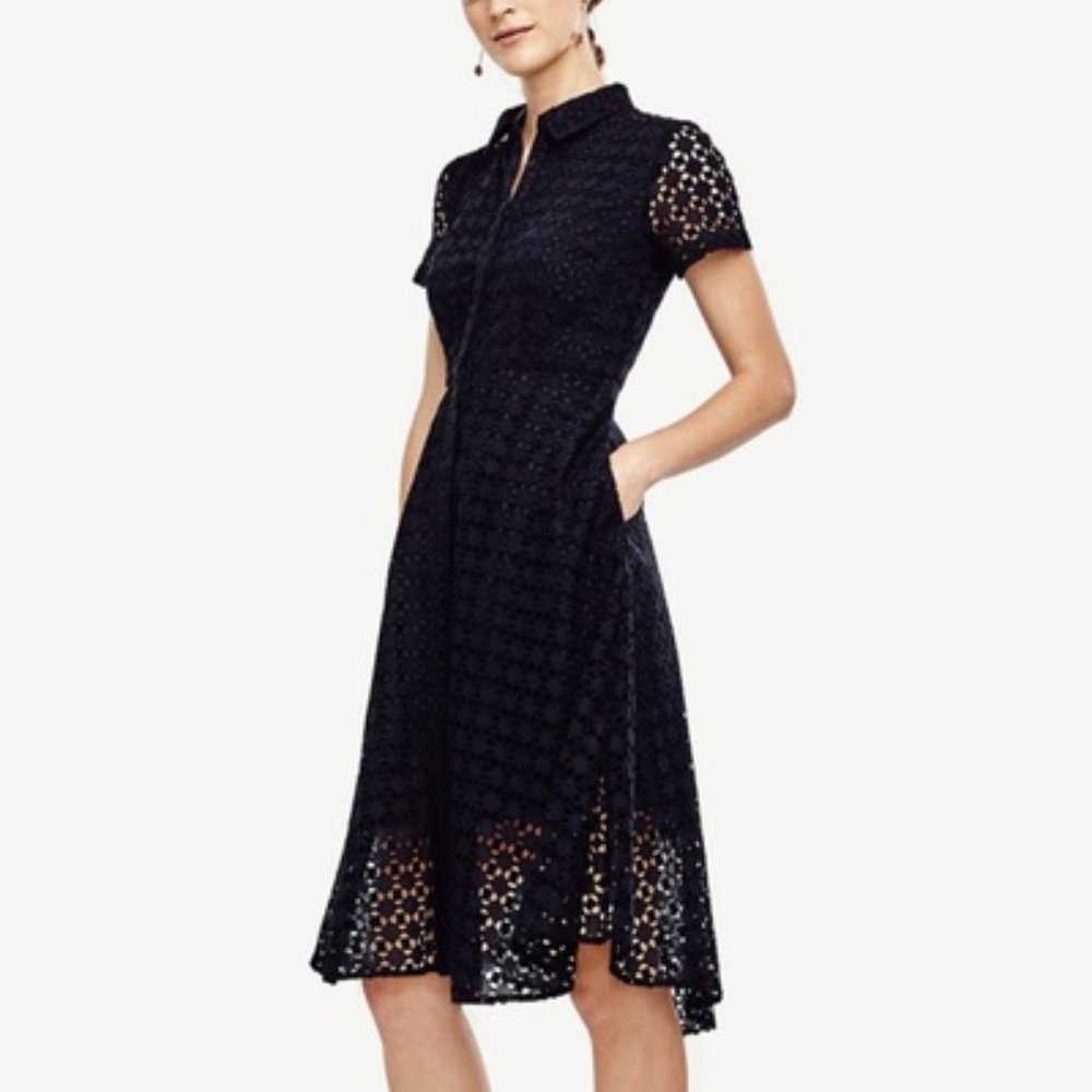 Ann Taylor Navy Eyelet Fit & Flare Shirtdress